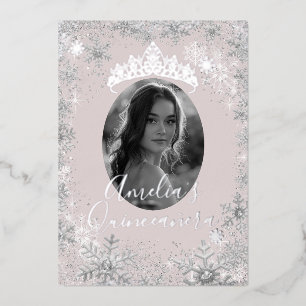 Invitation En Aluminium Quinceañera Photo Argent Beige Flocon de Neige Hiv