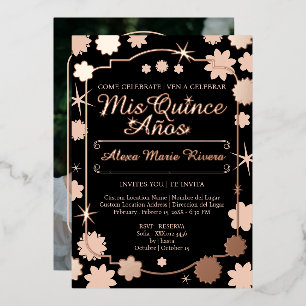 Invitation En Aluminium Quinceanera Photo Floral Or Argent Doré Glam
