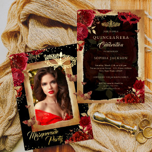 Invitation En Aluminium Quinceanera Photo Masquerade Party Rouge Rose Or
