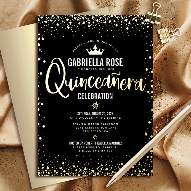 Invitation En Aluminium Quinceañera Princess Crown Script Black Real Gold (Créateur téléchargé)