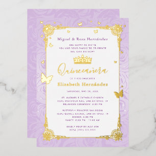 Invitation En Aluminium Quinceañera Princess Lilac Floral pourpre