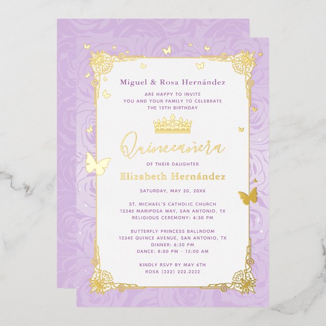Invitation En Aluminium Quinceañera Princess Lilac Floral pourpre (Recto/Verso)