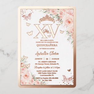 Invitation En Aluminium Quinceañera Quince 15 XV Blush Floral Rose Gold