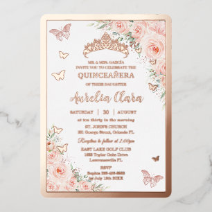 Invitation En Aluminium Quinceañera Quince Sweet 16 Rose Pâle Floral Or Ro