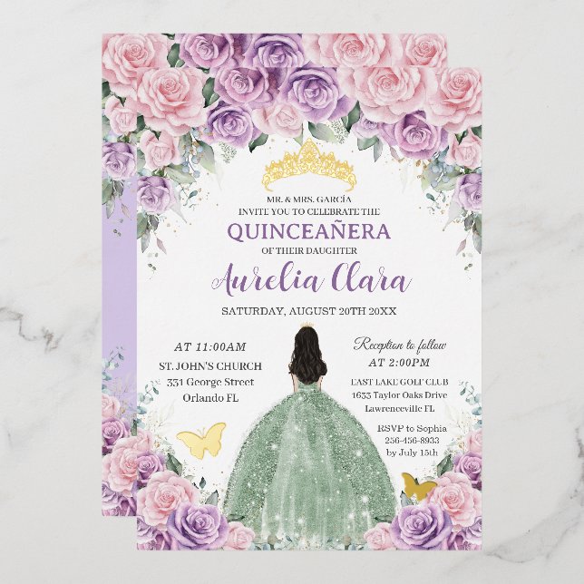 Invitation En Aluminium Quinceañera Robe Rose Violet Floral Sage Vert (Recto/Verso)