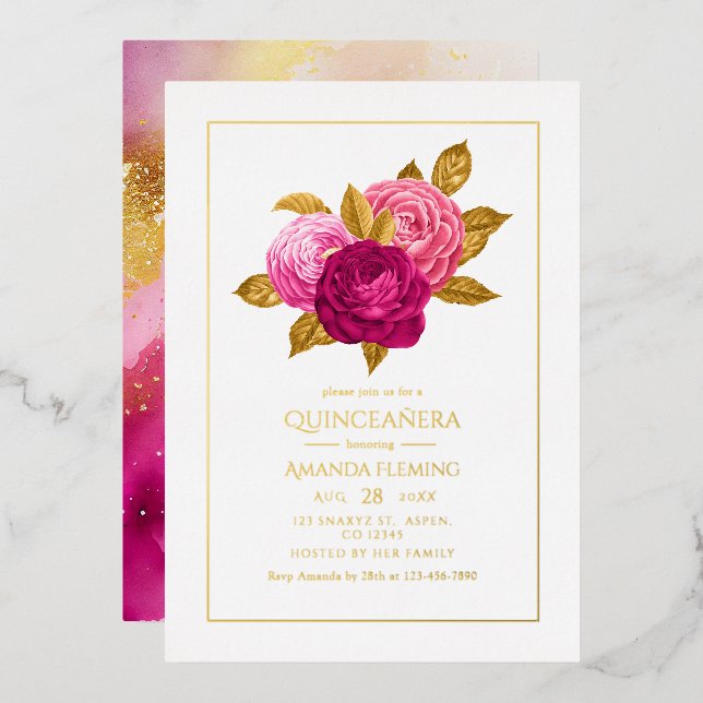 Invitation En Aluminium Quinceañera rose chaude et or Floral (Recto/Verso)
