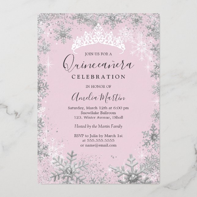 Invitation En Aluminium Quinceañera Rose Fleur d'Hiver Argent (Recto)