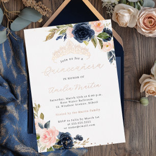 Invitation En Aluminium Quinceanera Rose Gold et Blush Navy