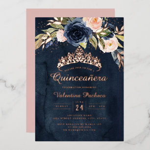Invitation En Aluminium Quinceanera Rose Gold et Navy Floral