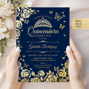Invitation En Aluminium Quinceanera Roses Papillons Or Bleu de Nuit