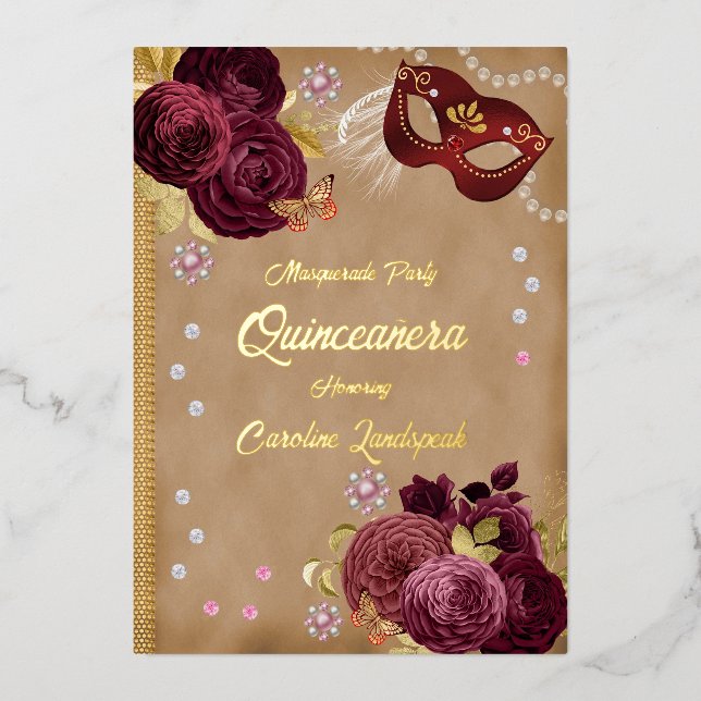Invitation En Aluminium Quinceañera Rouge Anglais Rose & Gold Red Mask (Recto)
