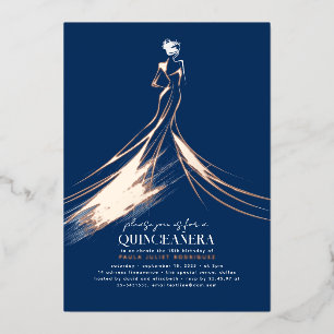 Invitation En Aluminium Quinceañera sophistiquée bleu marine et or rose