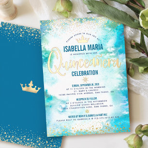 Invitation En Aluminium Quinceañera Turquoise Aquarelle Couronne or réel