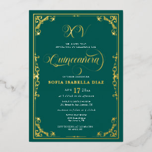 Invitation En Aluminium Quinceañera vert émeraude avec feuille d'or