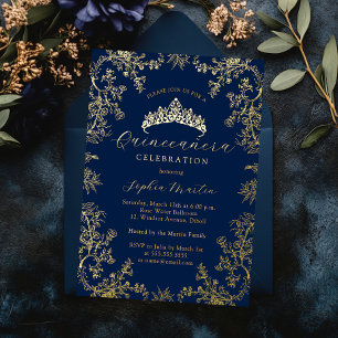 Invitation En Aluminium Quinceanera Vintage élégante de la Marine d'or