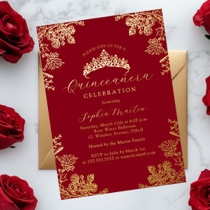 Invitation En Aluminium Quinceanera Vintage Florale Rouge Or