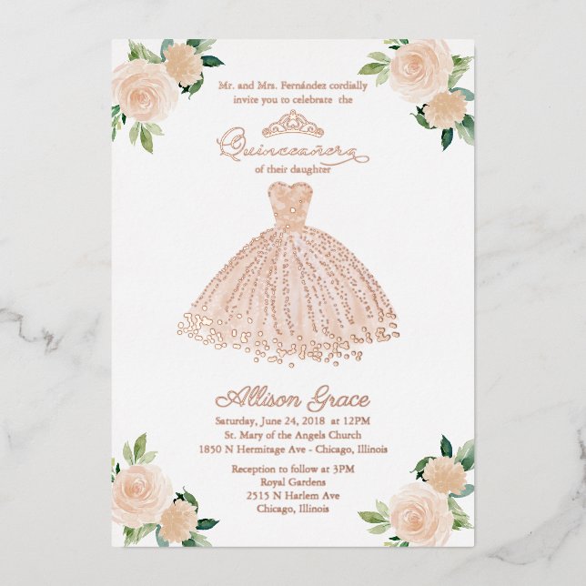 Invitation En Aluminium Quinze ans Blush Floral (Recto)