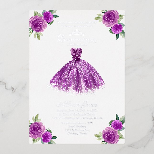 Invitation En Aluminium Quinze ans de robe florale violette (Recto)