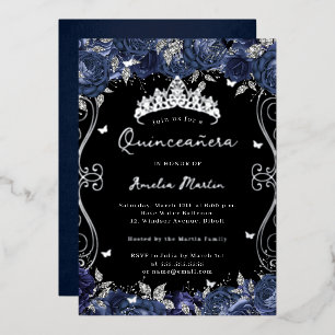 Invitation En Aluminium Quinze ans Fleurie Défilement Marine Argent