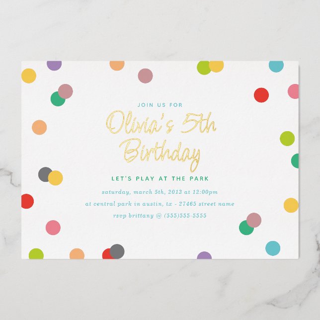 Invitation En Aluminium Rainbow Confetti et Gold Letting Anniversaire (Recto)