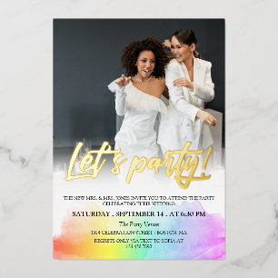 Invitation En Aluminium Rainbow Gold Brush Script Let's Party Photo