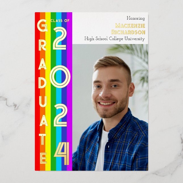 Invitation En Aluminium Rainbow LGBT Graduation Party Photo Gold (Recto)
