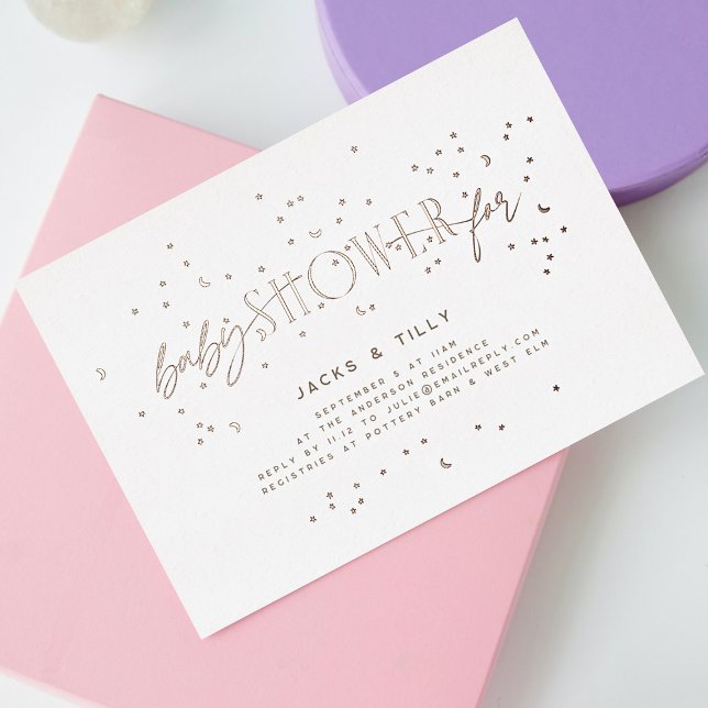 Invitation En Aluminium Rainbow Stars Baby shower moderne White Rose Gold (Créateur téléchargé)