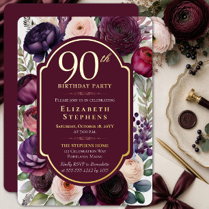 Invitation En Aluminium Ranunculus de vin élégant pour 90e anniversaire en
