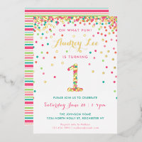 Real Foil 1er Anniversaire Invitations, Pink Confe