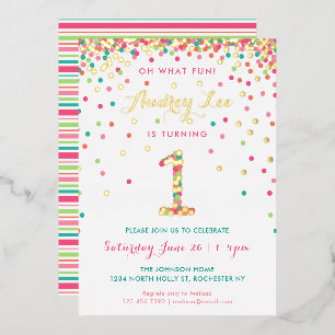 Invitation En Aluminium Real Foil 1er Anniversaire Invitations, Pink Confe