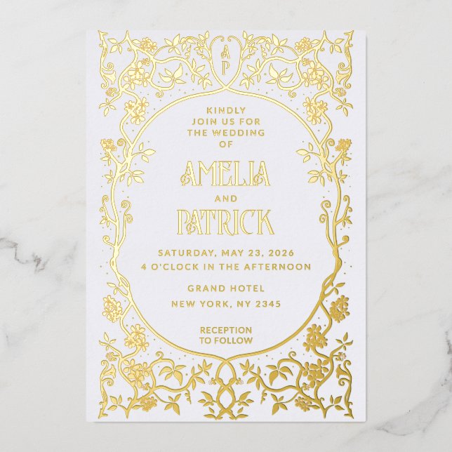 Invitation En Aluminium Real Foil Art Nouveau Floral Mariage (Recto)