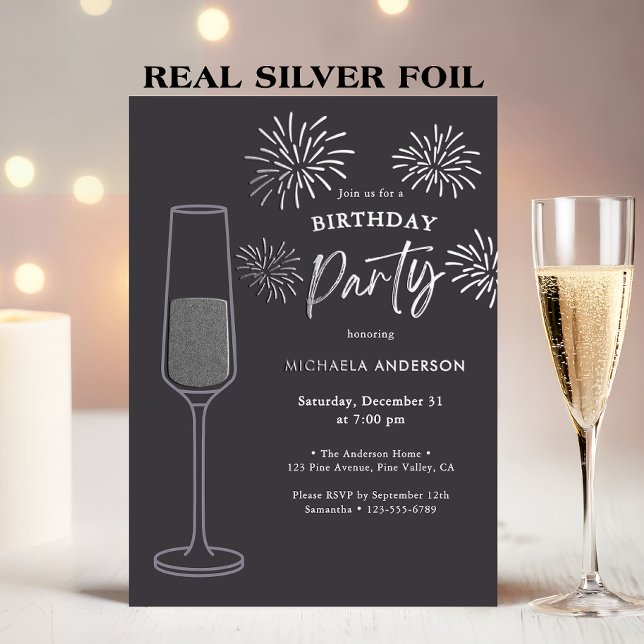 Invitation En Aluminium Real Foil Fireworks & Champagne Birthday Party (Créateur téléchargé)