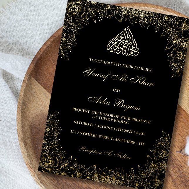 Invitation En Aluminium Real foil Gold Black Ornat Libellé Mariage musulma (Créateur téléchargé)