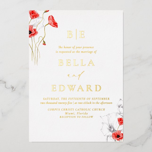Invitation En Aluminium Real Gold Chic Poppy Red Fleur sauvage Mariage (Recto)