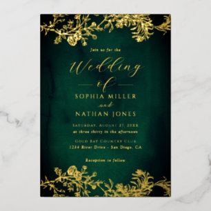 Invitation En Aluminium Real Gold Foil Floral Lace Script Emerald Mariage
