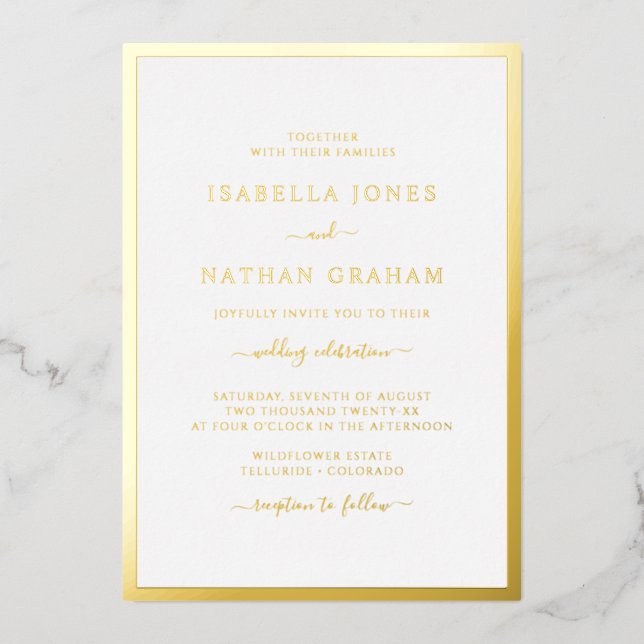 Invitation En Aluminium Real Gold Foil Simple mariage élégant (Recto)
