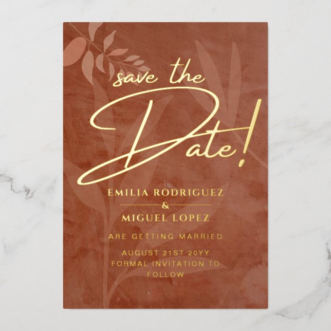 Invitation En Aluminium Real GOLD FOIL Terracotta Enregistrer la date Mari (Recto)