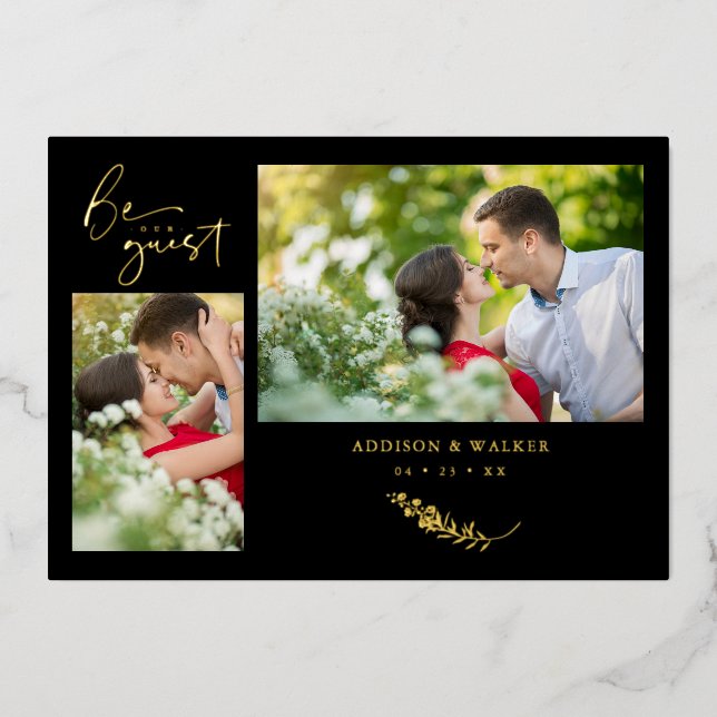 Invitation En Aluminium Real Golden Black Trendy Branches Wedding 2 Photos (Recto)