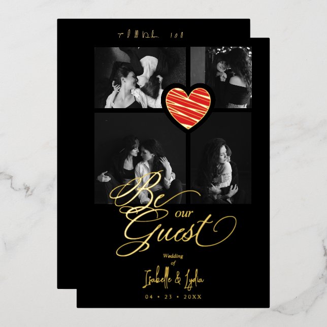 Invitation En Aluminium Real Golden Luxury Red Heart 4 photos Trendy (Recto/Verso)