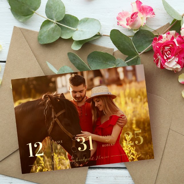 Invitation En Aluminium Real Golden Stylish & Fun Unmatched Wedding Photo (Real Golden Stylish & Fun Unmatched Wedding Photo Card Save the Date with Envelope.)