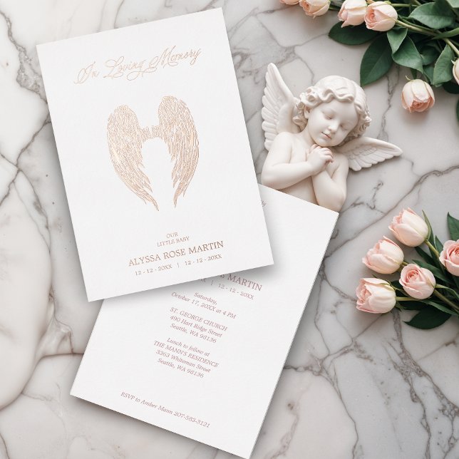 Invitation En Aluminium Real Rose Gold Fancy Angel Wings Metallic (Real Rose Gold Fancy Angel Wings Metallic Foil Invitation with Envelope. Remember a little angel.)