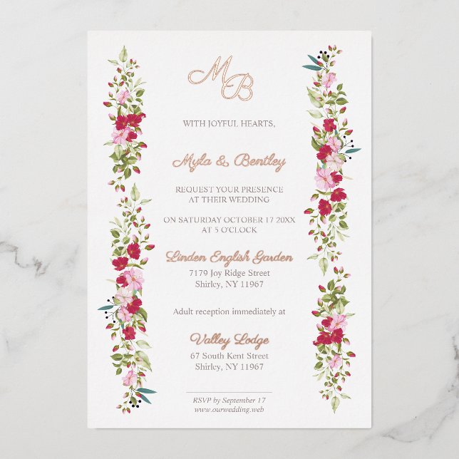 Invitation En Aluminium Real Rose Gold Red and Pink Floral Garland Initial (Recto)