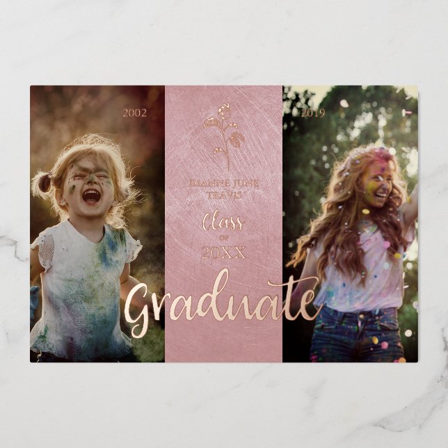 Invitation En Aluminium Real Rose Gold Then & Now Graduation Photo (Recto)
