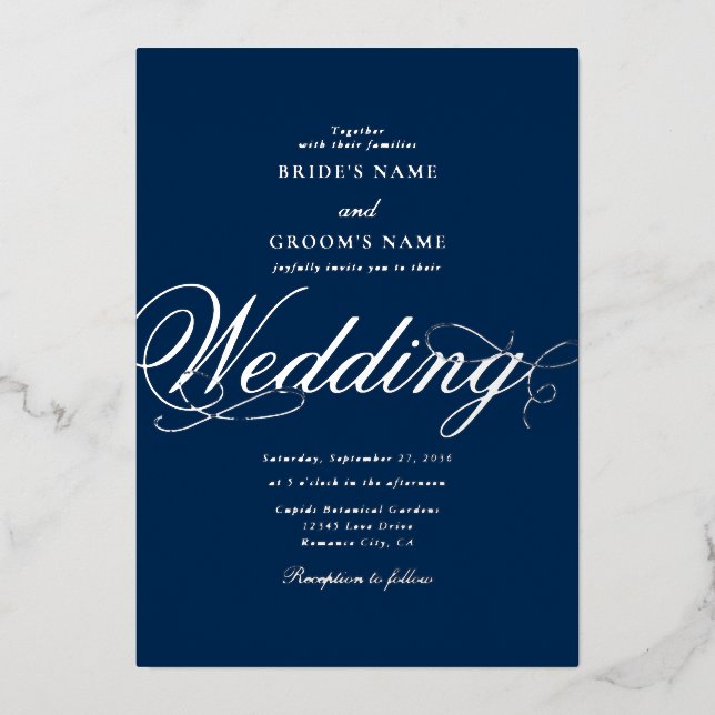 Invitation En Aluminium Real Silver Foil Classic Mariage bleu luxe (Recto)