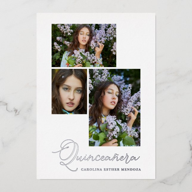 Invitation En Aluminium Real Silver Simple Quinceañera Espagnol 3 Photos (Recto)