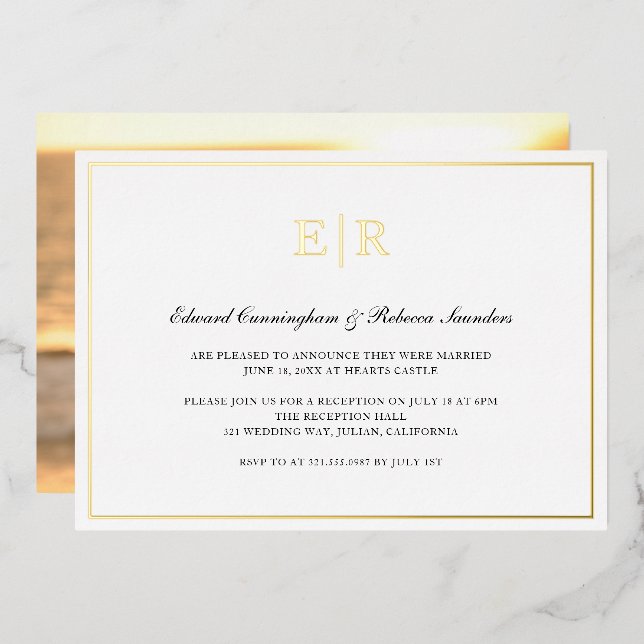 Invitation En Aluminium Réception de mariage formelle à monogramme doré él (Recto/Verso)