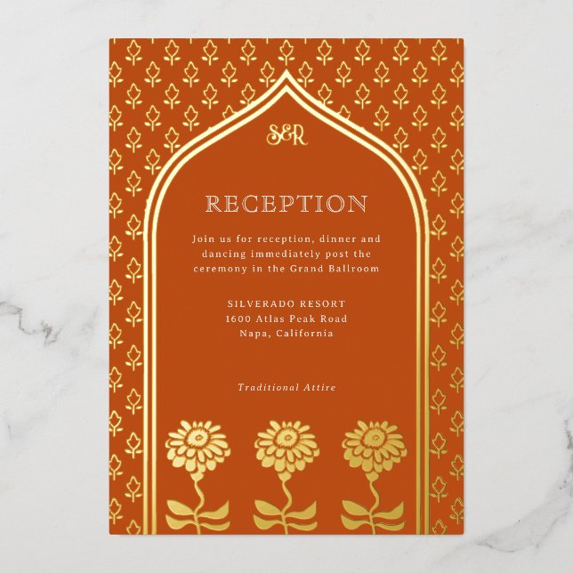Invitation En Aluminium Réception de mariage indien avec souci floral doré (Recto)