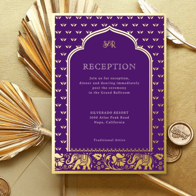 Invitation En Aluminium Réception de mariage indien Eléphant & Fleur de Lo (Purple Indian wedding invitation with elephant and lotus flower motif, hindu wedding invitation card)