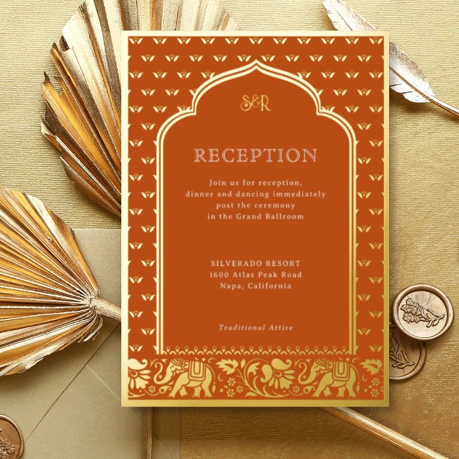 Invitation En Aluminium Réception de mariage indien Elephant & Lotus Flowe (Orange Indian wedding invitation with elephant and lotus flower motif, hindu wedding invitation card)