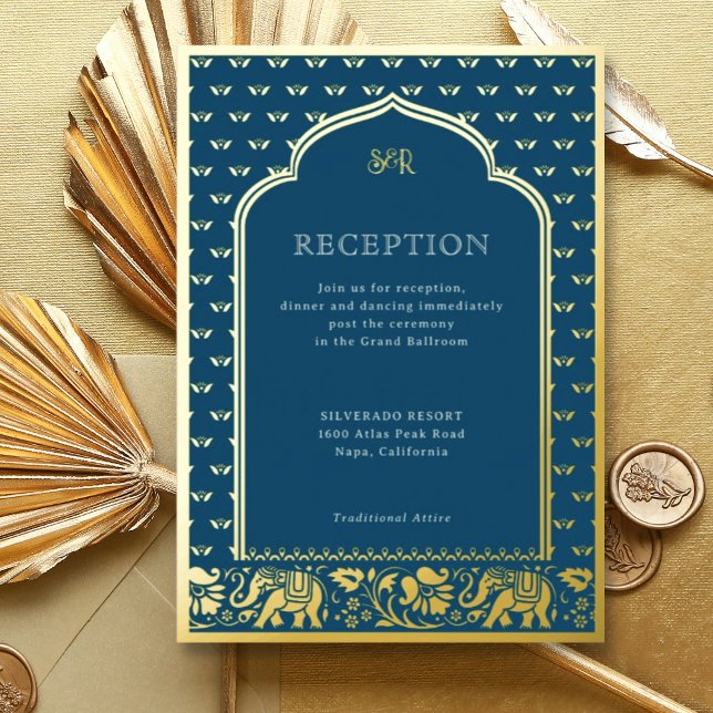 Invitation En Aluminium Réception de mariage indienne Elephant & Lotus Flo (Blue Indian wedding invitation with elephant and lotus flower motif, hindu wedding invitation card)